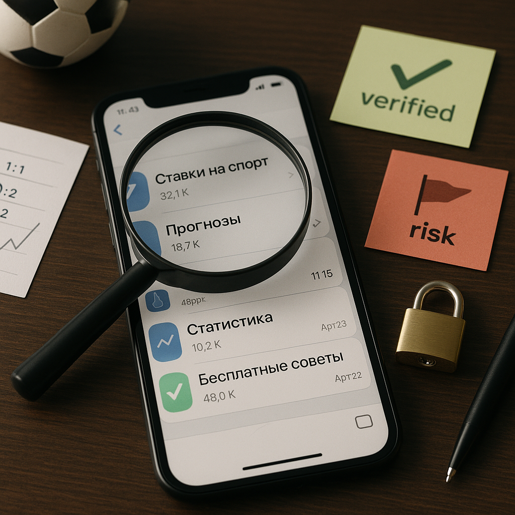 Smartphone on a desk shows a generic messaging app with Cyrillic betting channels; a
