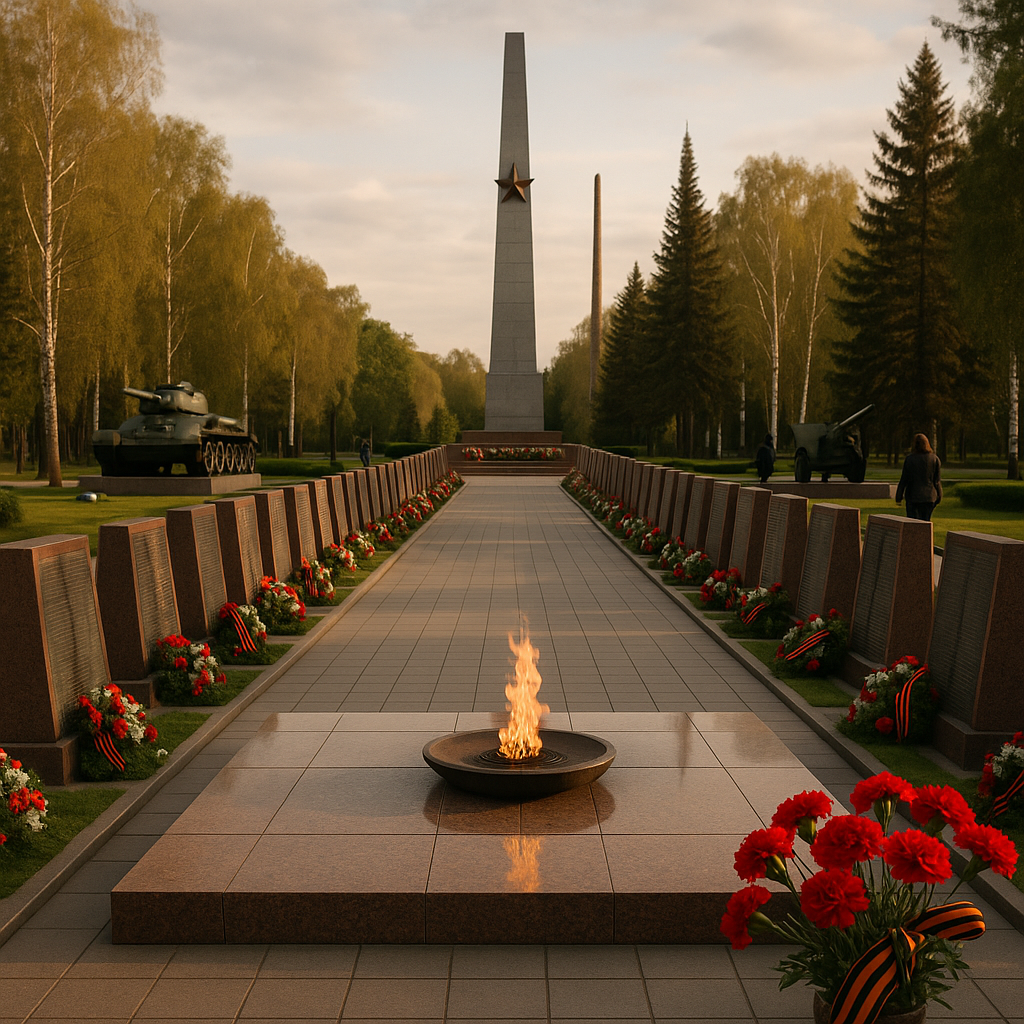 Alternative photographic angle: medium-telephoto view along the Alley of Glory in Omsk’s Victory Park—diagonal